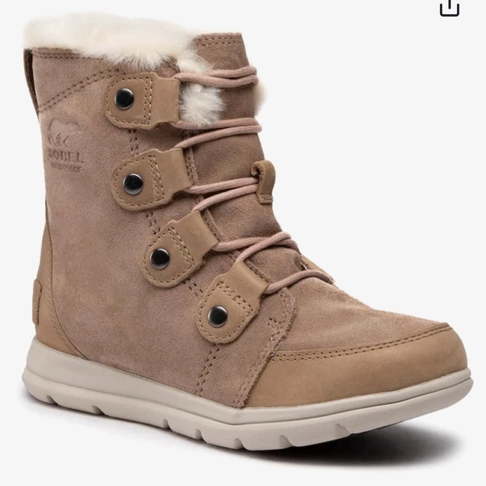 Sorel Explorer Joan Ash Brown Boots with Mauve Pink Laces